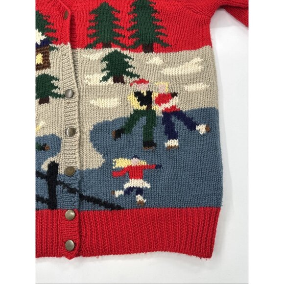 Vintage 80s Wool Cardigan Sweater Womens Medium Red Rustic Cabin Forest Button - Picture 12 of 15